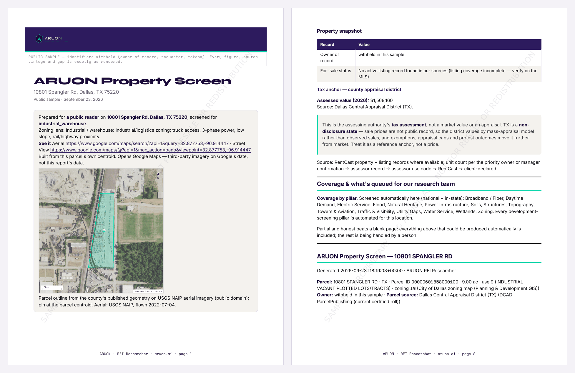 Pages 1 and 2 of the redacted Property Screen sample, watermarked; the rest opens in the sample viewer.